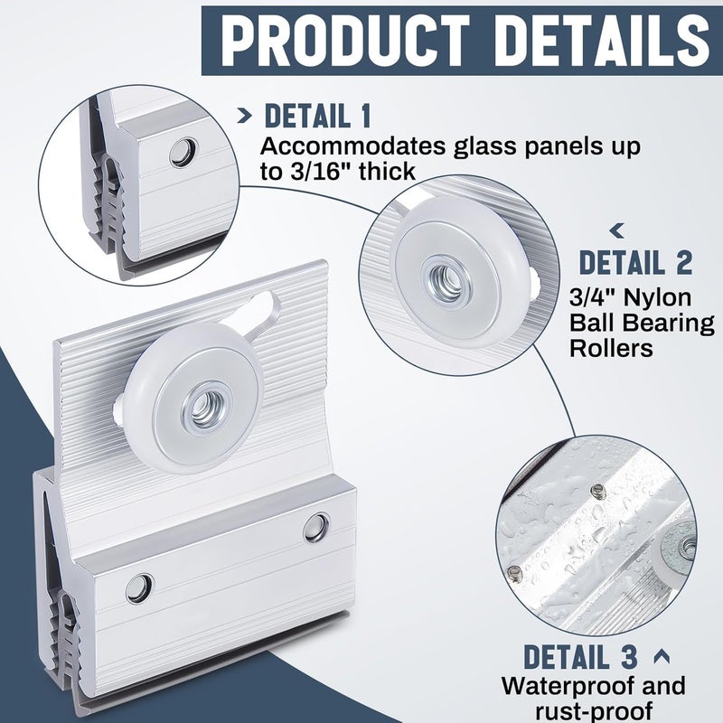 Yaocom 2 Pcs M 6145 Frameless Shower Door Roller Top Bracket Roller Assembly 3/4 in Round Plastic Wheel Shower Door Replacement Part Ball Bearing, Extruded Aluminum, Chrome Finish, Fit 3/16 in Glass - Image 3